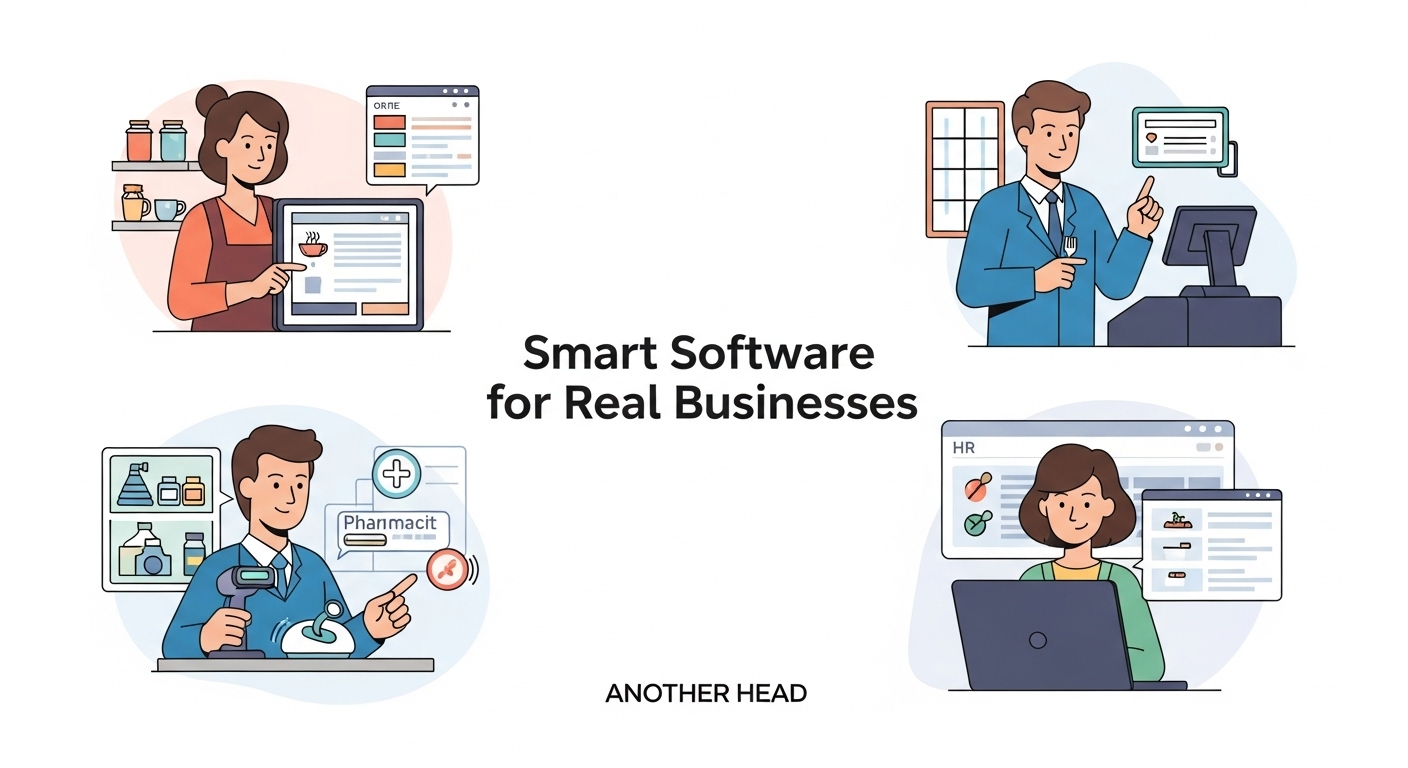 Illustration of business owners using software for their cafe, pharmacy, and restaurant